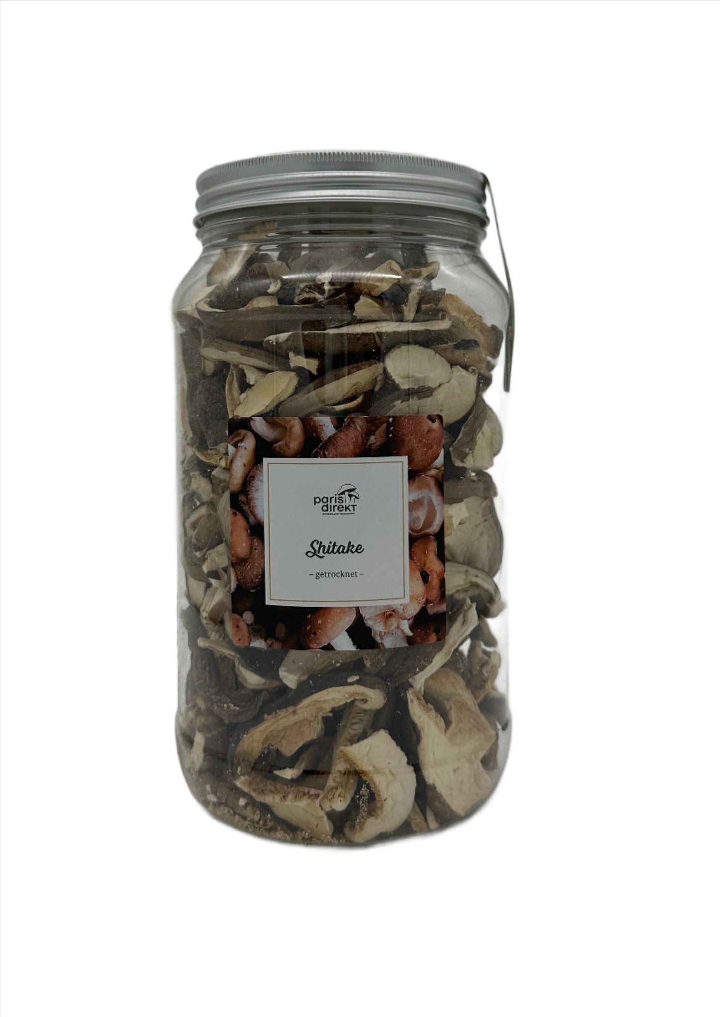 150g getrocknete Shiitake Pilze im Glas zum verfeinern von Speisen.